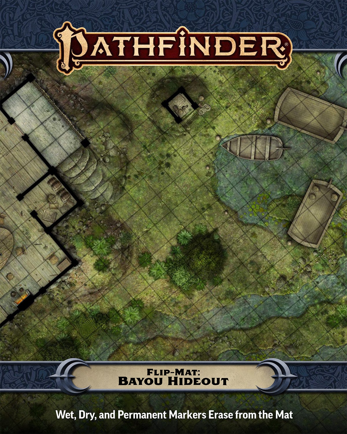 Pathfinder Second Edition Flip-Mat Bayou Hideout: the cover art is a top down view of a square tiled map of a green bayou. Flat boats sit in the water a little ways from a small building.
