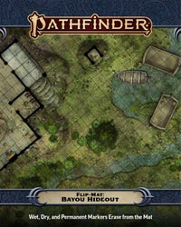 Pathfinder Second Edition Flip-Mat Bayou Hideout: the cover art is a top down view of a square tiled map of a green bayou. Flat boats sit in the water a little ways from a small building.