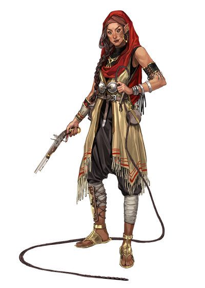 Illustration by Carol Azevedo : Kinlynn holds her pistol and whip, looking confident