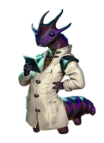 An alien that’s a cross between a humanoid and a colorful caterpillar wears a lab coat and holds a datapad