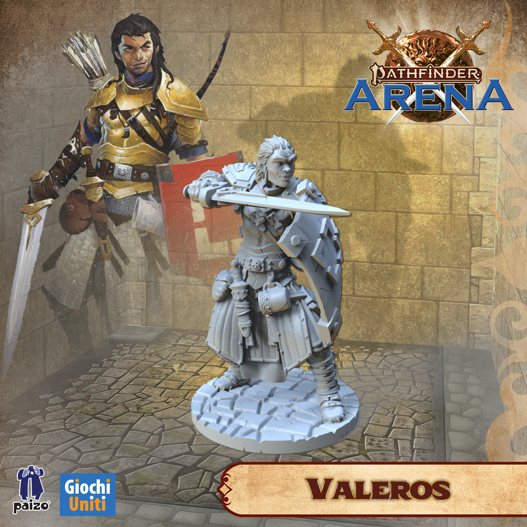 Pathfinder Arena Valeros mini figure over the background illustration of a dungeon