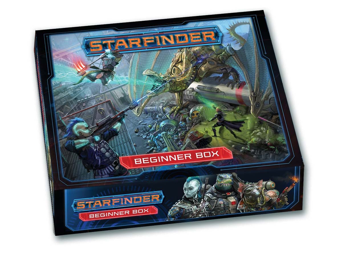 Starfinder Beginner Box mockup: Starfinder Iconic  Android Iseph, and Iconic Vesk Obozaya battling a large cybernetic dragon