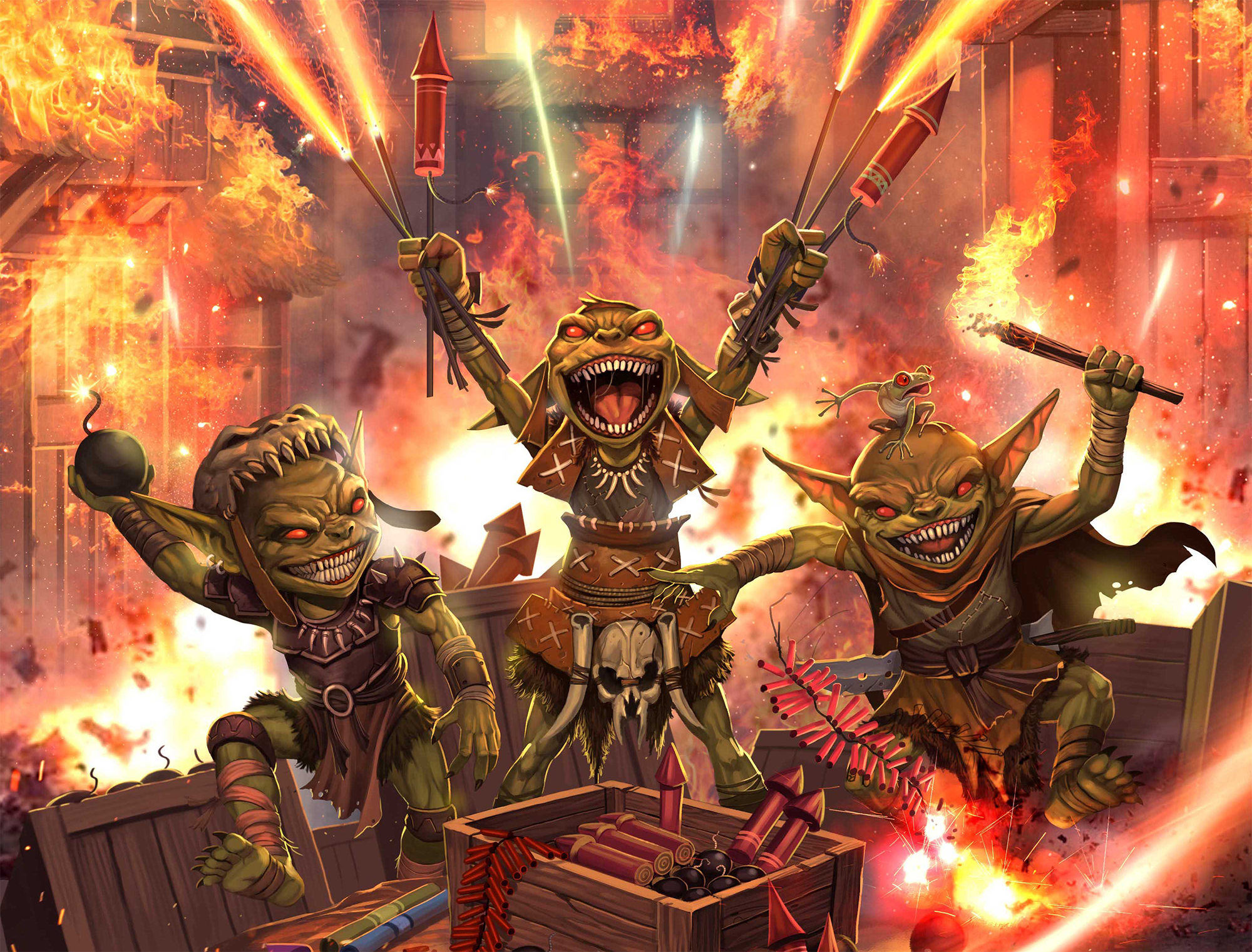Three goblins stand atop a pile of fireworks, holding rockets and streamers with lit fuses above their heads. Behind and around them a town burns