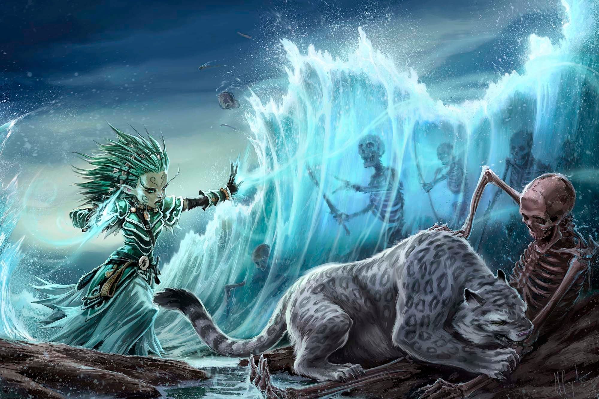 The gnome druid, Lini, conjures a magical wall of water, blocking the path of an army of animated skeletons. Nearby, her snow leopard companion gnaws on a skeleton that avoided the spell.