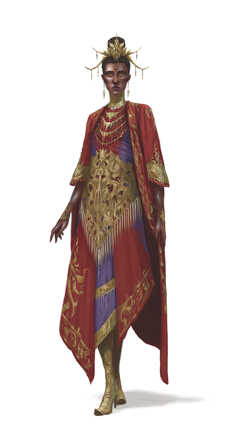 Artist: Maichol Quinto - a, ophidian humanoid, with dark skin, dressed in red and purple robes, with jeweled gold accents and hairpiece. 
