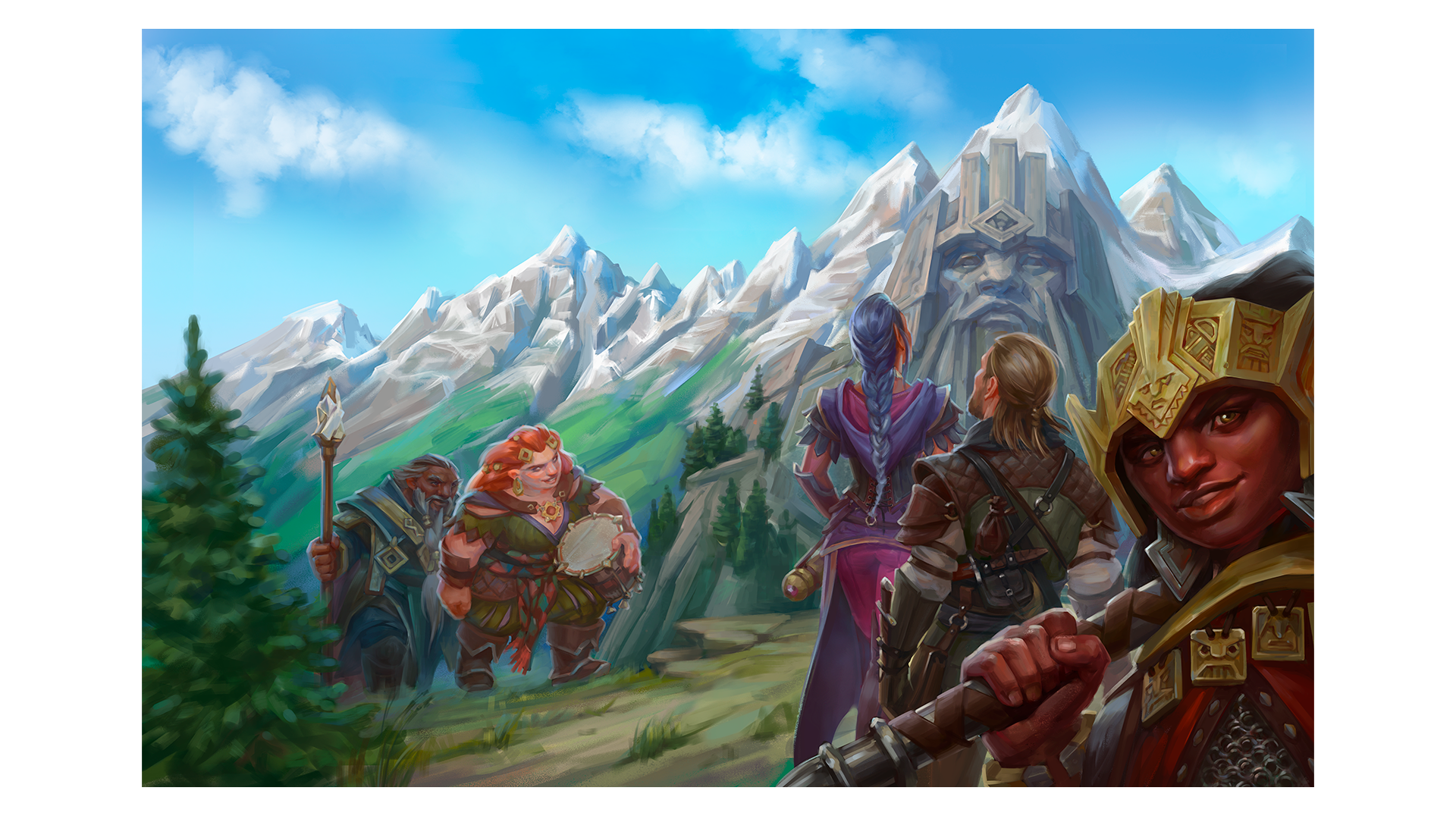 The cover image for Lost Omens Highhelm, featuring several dwarves and adventurers on the road outside of Highhelm. A mountain carved into the image of a dwarven ruler looms behind them.