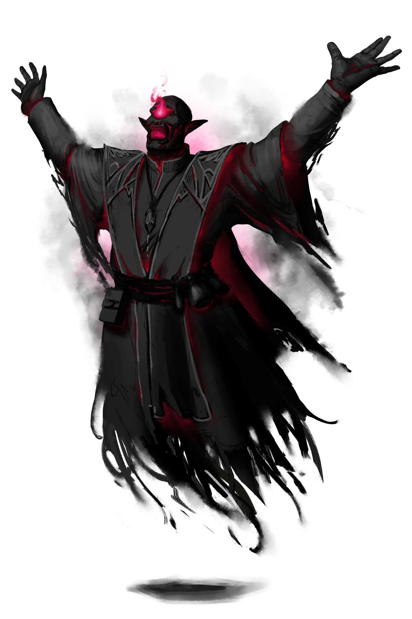 A dark skinned, malevolent spirit. They are wearing ragged robes that hang as they float off the ground with no visible feet, and one flaming red eye.