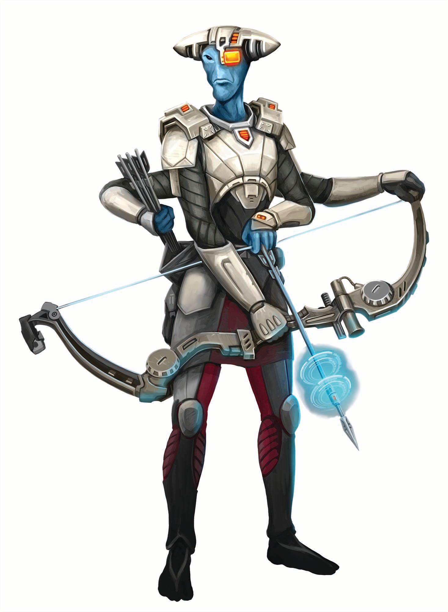 A Worlanisi Archer, a blue skinned alien wearing light grey armor wielding a bow and arrows