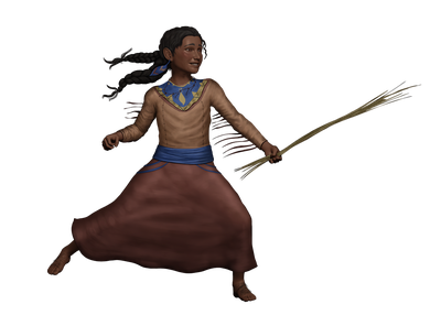 Art by Rodrigo Gallo: A young girl with dark skin and two braids wields a branch as if it were a sword.”