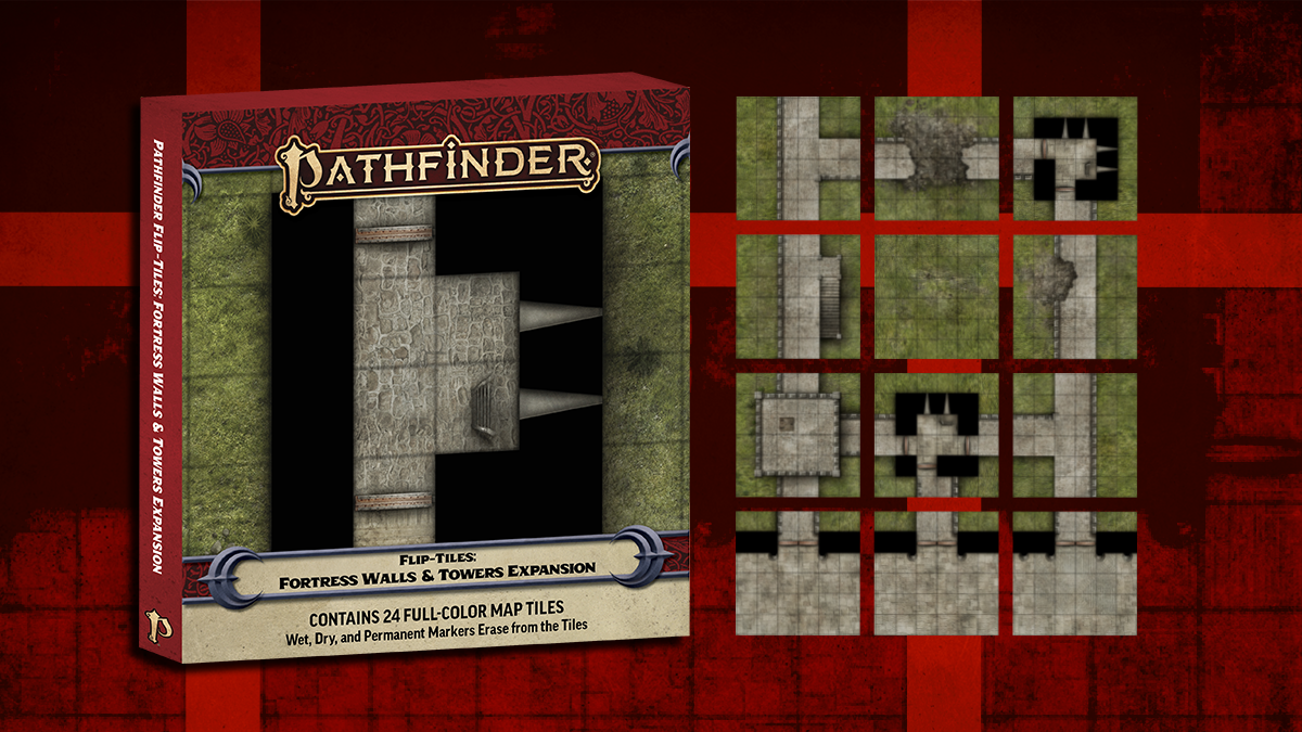 Pathfinder Flip-Tiles: Fortress Walls & Towers Expansion. square tiled flip tiles with a variety of defensive walls, stairways, and watchtowers.