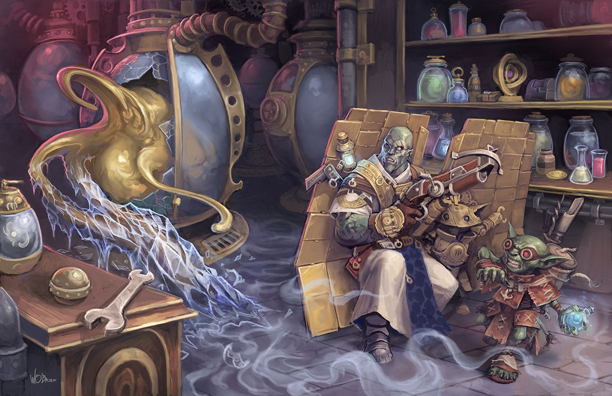 In a dark workshop or laboratory, the iconic alchemist and iconic inventor take cover behind a low metal wall extending from the chassis of the inventor’s clockwork companion. The alchemist readies to throw a vial of fluid at an ooze that is breaking out of a glass tank in front of them.