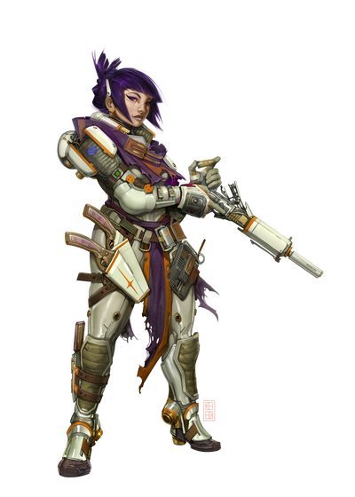 Illustration by Kent Hamilton : The updated concept art for iconic envoy, Navasi dressed in white and orange armor with a purple scarf, holding a rifle