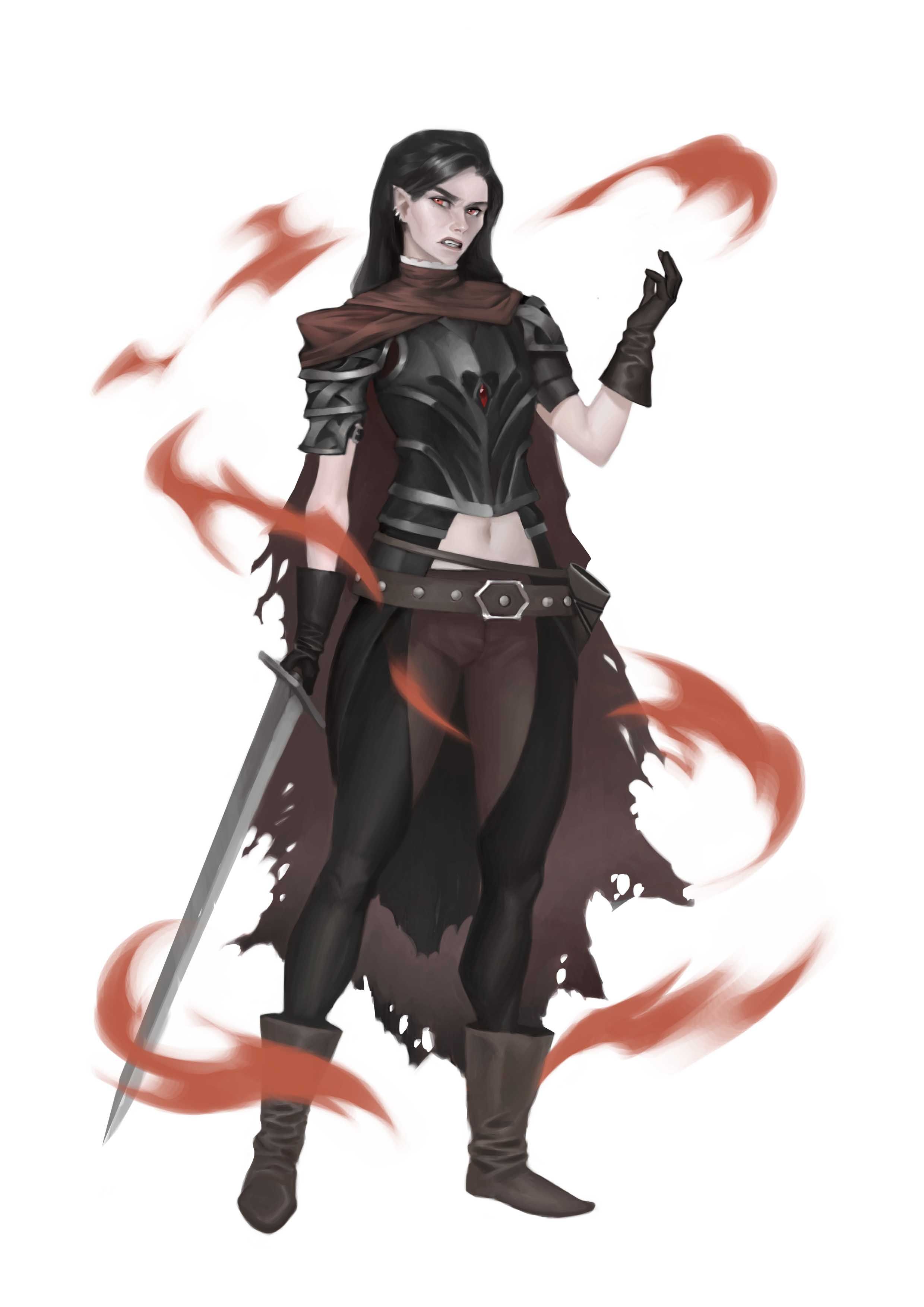 A dhampir in red and black armor, holding a staff
