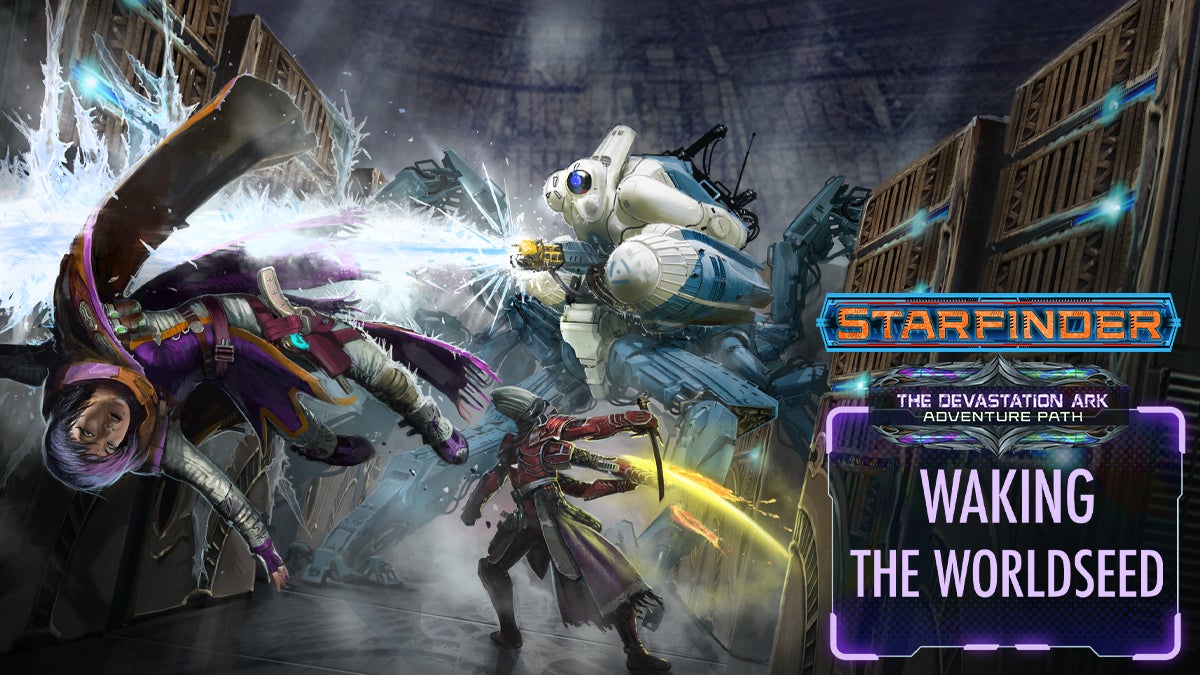 Starfinder Iconics, Navasi the human envoy and Altronus the Kasatha Solarian, battle a large multi-legged robot