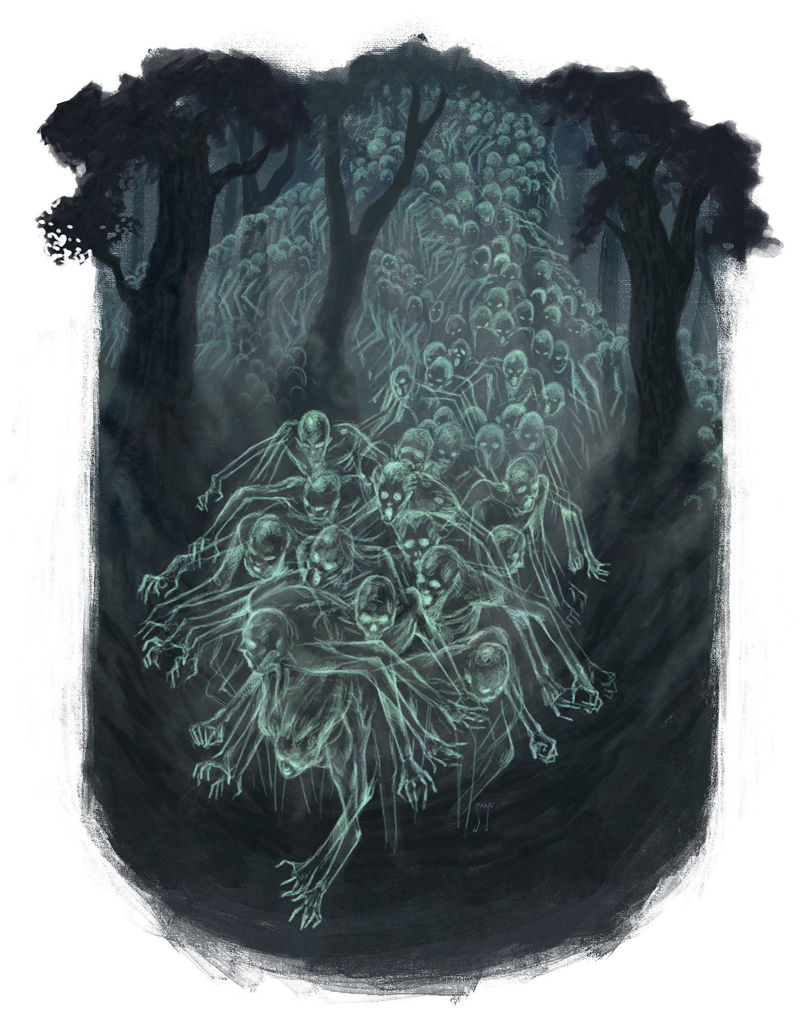 A large crowd of translucent ghosts making their way out of the woods