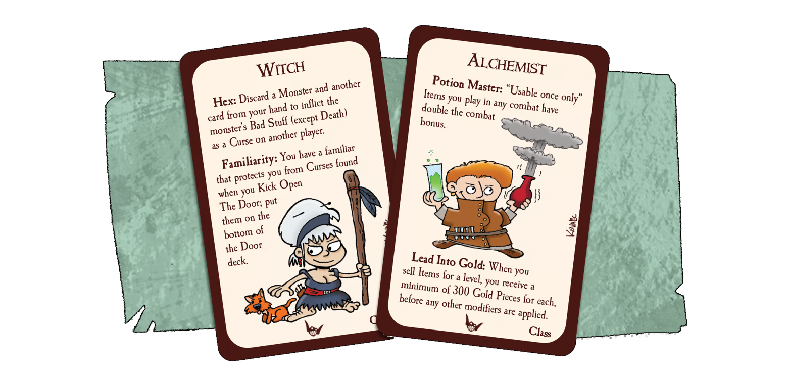 Munchkin digital pathfinder. A spread of two playing cards, each with a different pathfinder class. The card on the left is a Witch, the art is a pale skinned, white haired woman wearing a dark dress with a red belt and an orange cat familiar. The card on the right is an Alchemist. the character art is a pale skinned woman with short red hair, holding up an exploding potion.