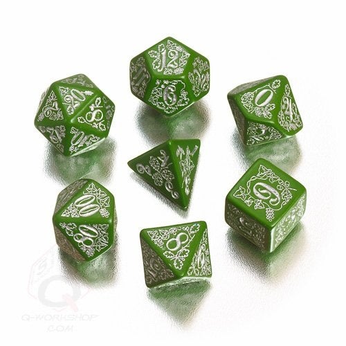 Green RPG dice with white decorations