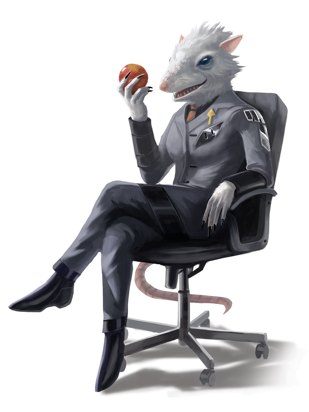 Starfinder, white furred, ysoki sitting in an officers uniform with an apple in her hand