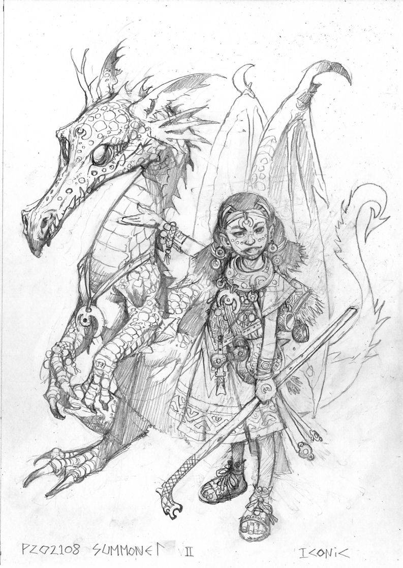 Sketch of a dark-skinned human girl, wearing mage’s robes. She gestures to her eidolon, a dragon several feet taller than her.