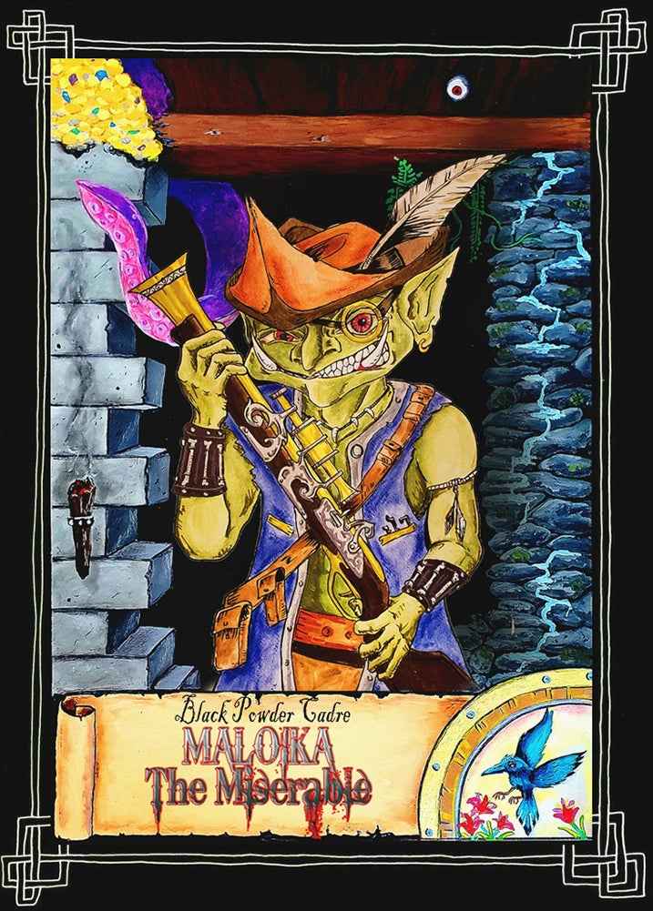 Maloika the Miserable, goblin gunslinger wearing a feathered hat and blue vest