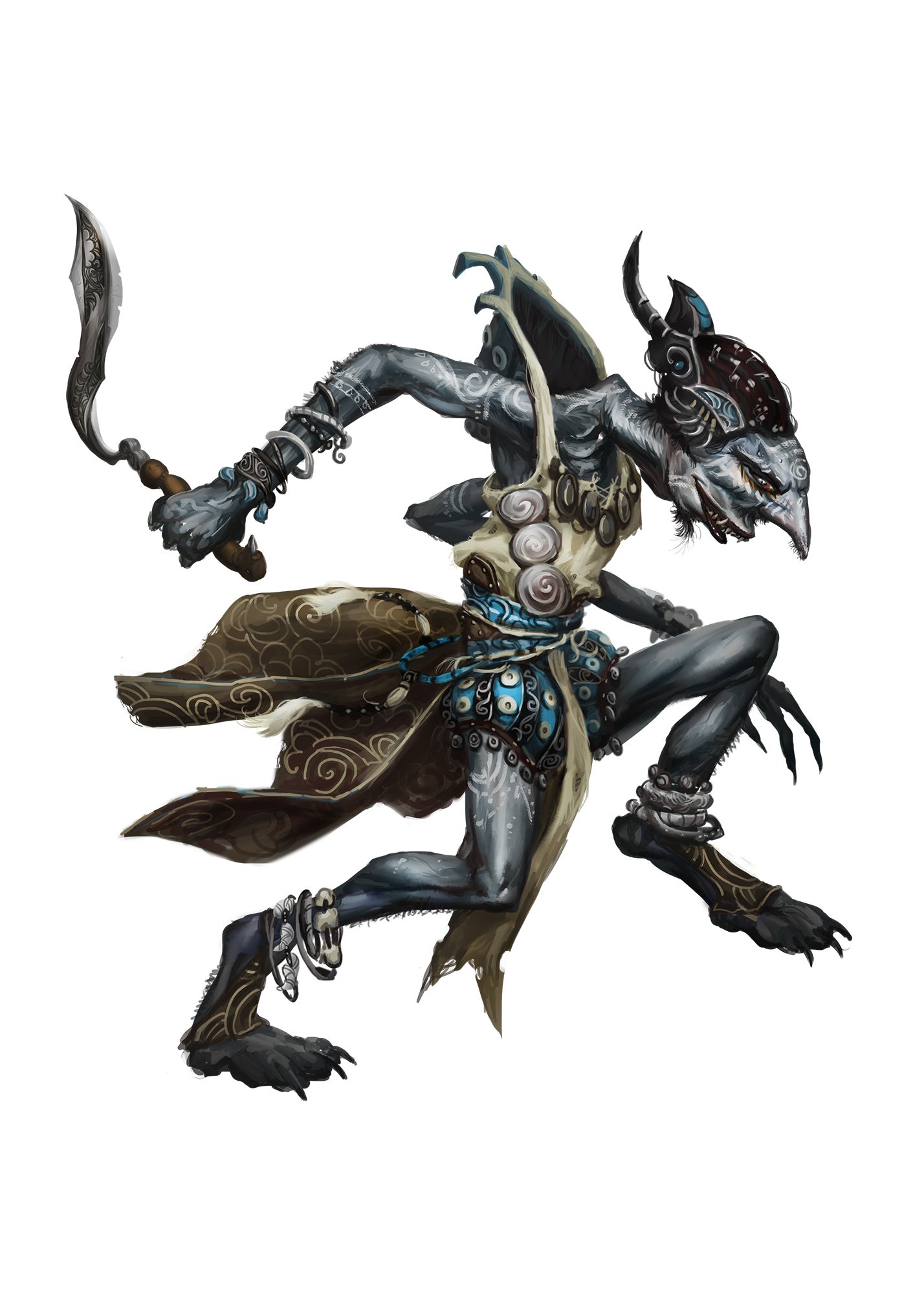  Wayang, a grey skinned humanoid being wearing bracelets and anklets, holding a knife in one hand 