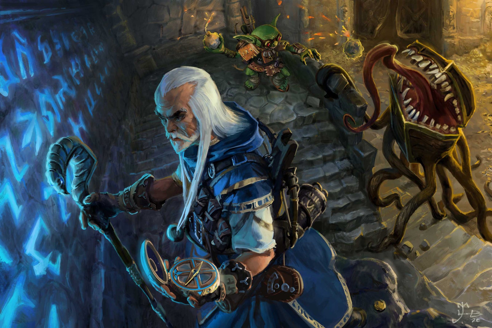 The iconic wizard pores over a wall of glowing runes in a dark dungeon. In the background, the iconic alchemist fights a mimic shaped like a treasure chest, but the wizard doesn’t seem to notice