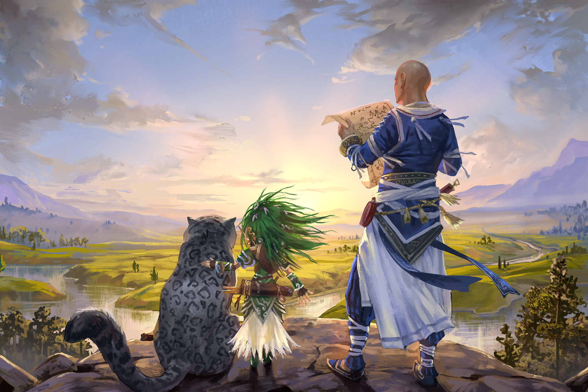 Pathfinder iconic druid Lini, a green haired gnome stands with her animal companion, a snow leopard names Droogami on her left and iconic monk Sajan at her right. They stand on top of a cliff, watching the sunrise while Sajan looks at a map