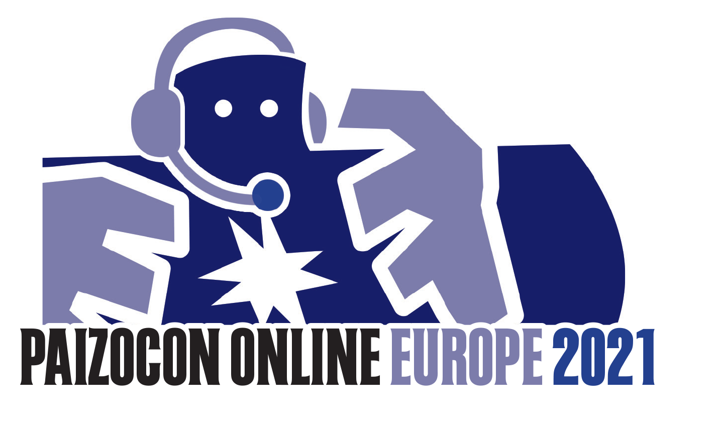 Paizo Golem Vigilant with a headset and mic over the paizocon online Europe 2021 text logo