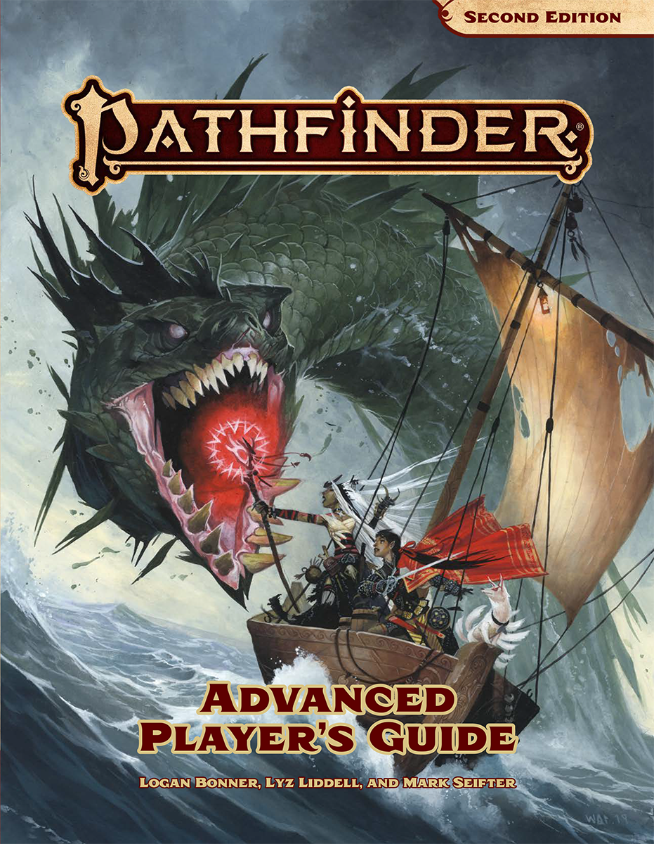 Advanced Player's Guide cover art, Pathfinder Iconics battling a sea serpent 