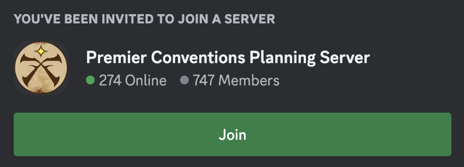 a graphic featuring an invite to the Organized Play Premier Conventions Planning Server