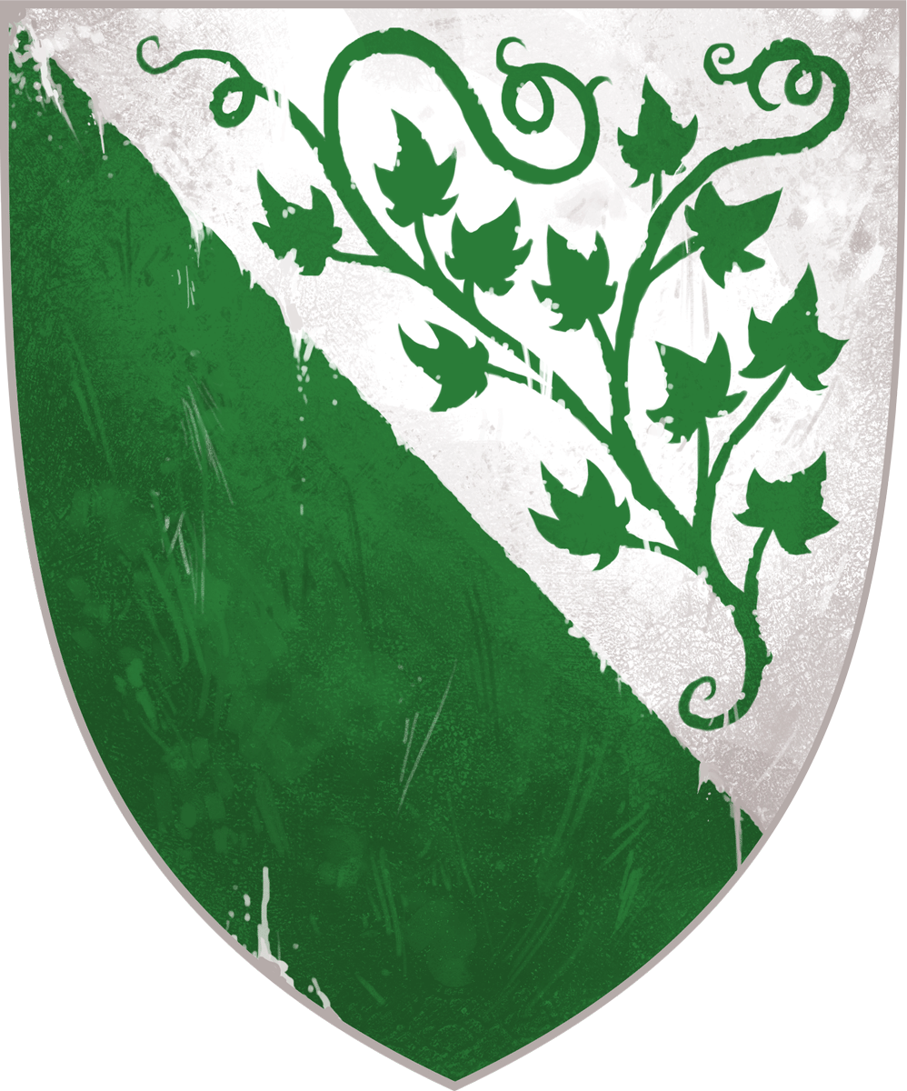 Lodge of the Open Road Heraldry, a white shield with green vines running along the top half and a solid green spread across the bottom half