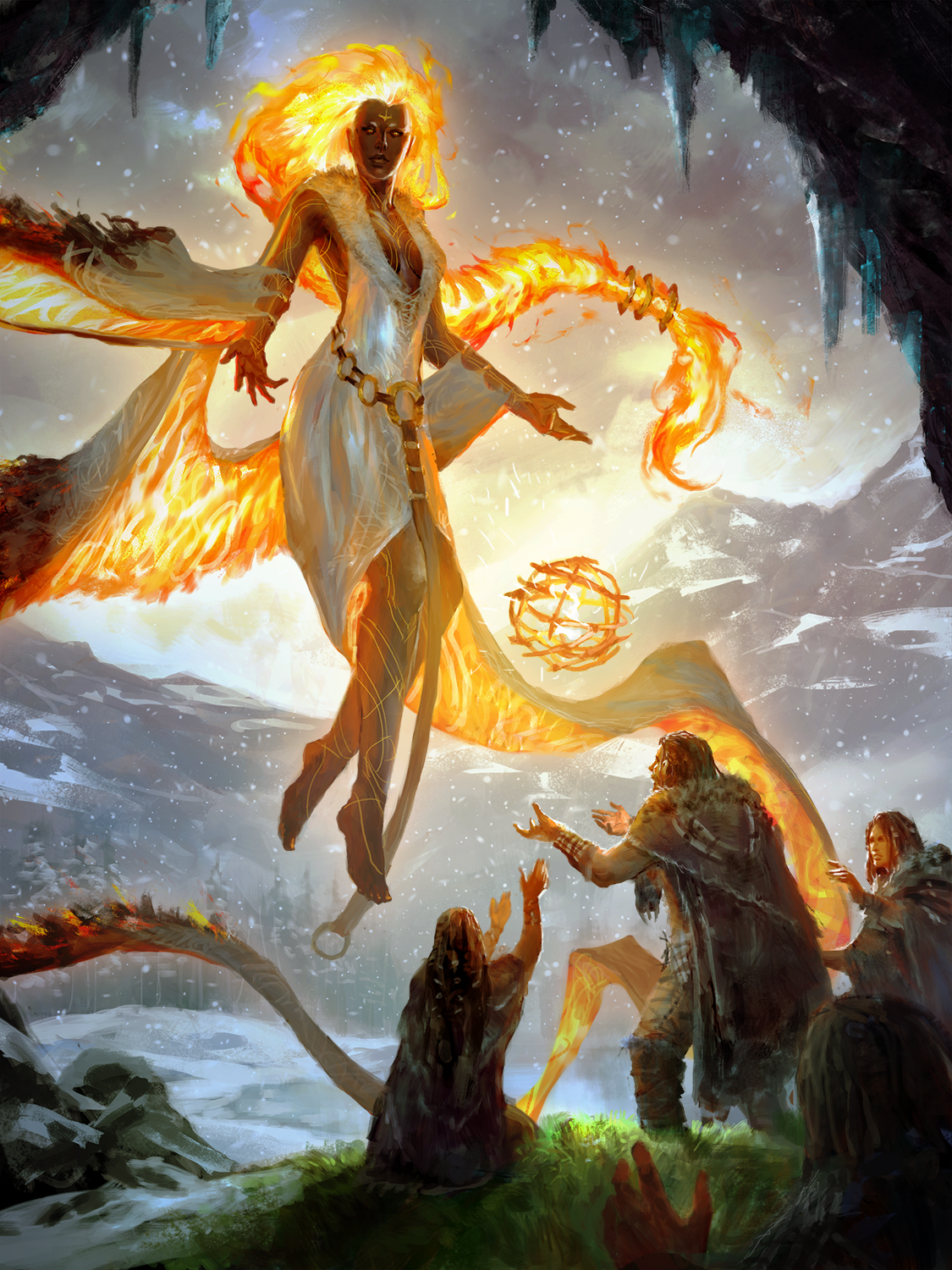 A diety in a white gown with long fiery hair floats above a group of humans dressed in furs, offering them a ball of fire