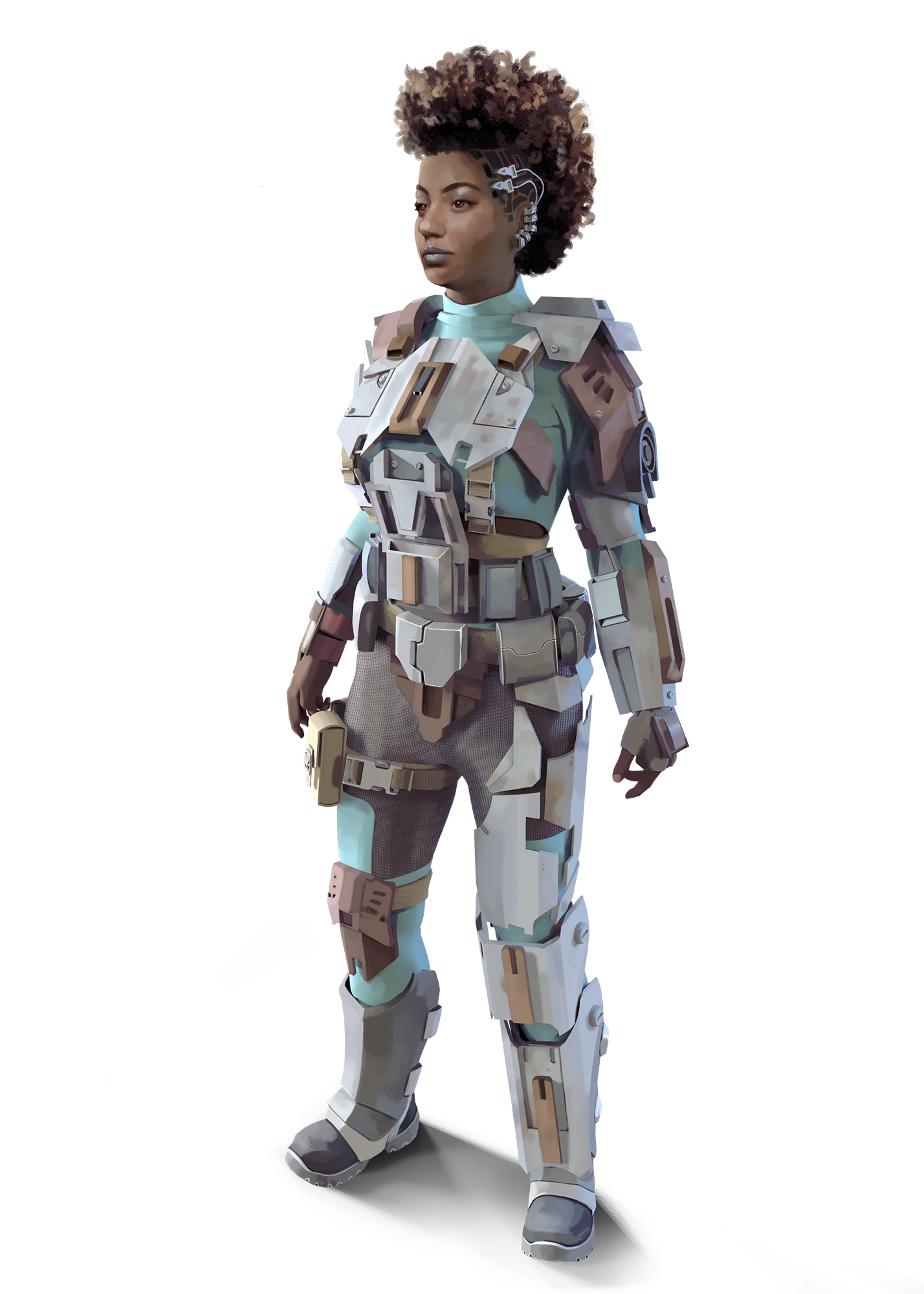 Cleo Striker, A dark skinned woman standing in full armor 