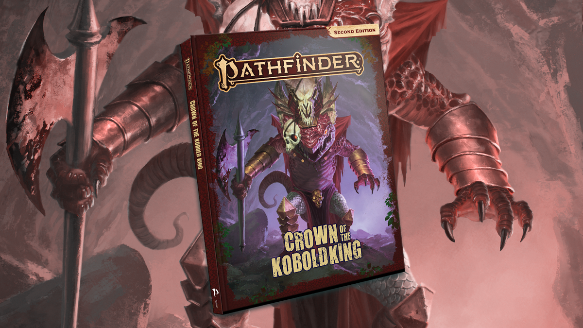 Pathfinder Adventure: Crown of the Kobold King. A red kobold approaches the viewer, wearing a skull crown, gold vambraces, carrying a bloody axe