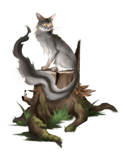 Illustration by esus Iván Nolasco Fuentes: A ghostly grey cat with a long whispy tail sitting on a tree stump