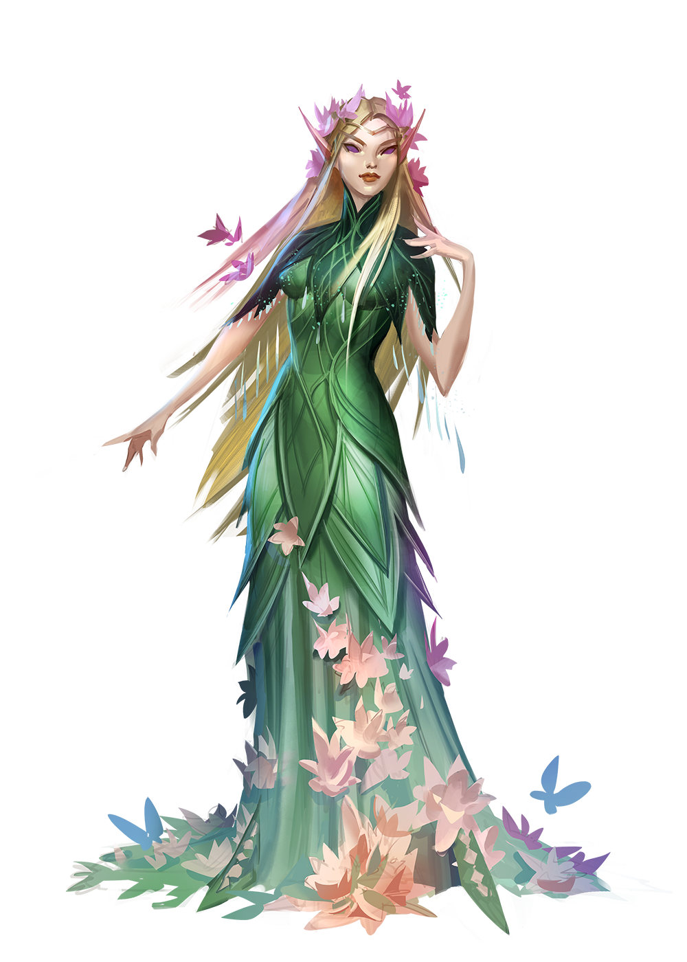 Queen Telandia stands elegantly in a in a leafy green silk dress, wearing a crown of flowering ivy, surrounded by multi-colored butterflies.
