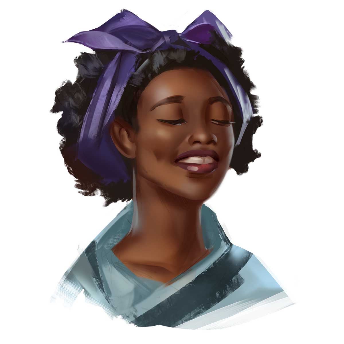 Illustration by Vlada Hladkova: headshot of a dark skinned young woman in a blue robe with her hair tied back with a purple hairband