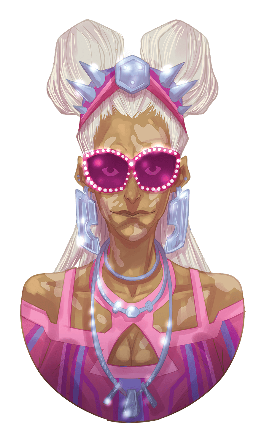 headshot of Lovely Ria, with long blonde hair pulled up into two buns, bright silver jewelry, and pink clothes