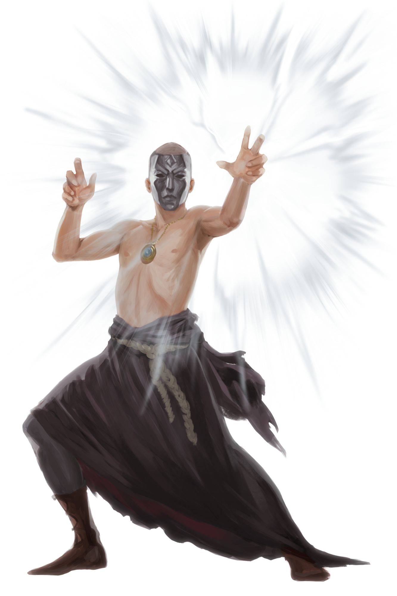Venture-Captain Narsen, shirtless but still wearing his Razmiri mask, with the top of his robes wrapped around his waist. He’s in a defensive magical combat pose.