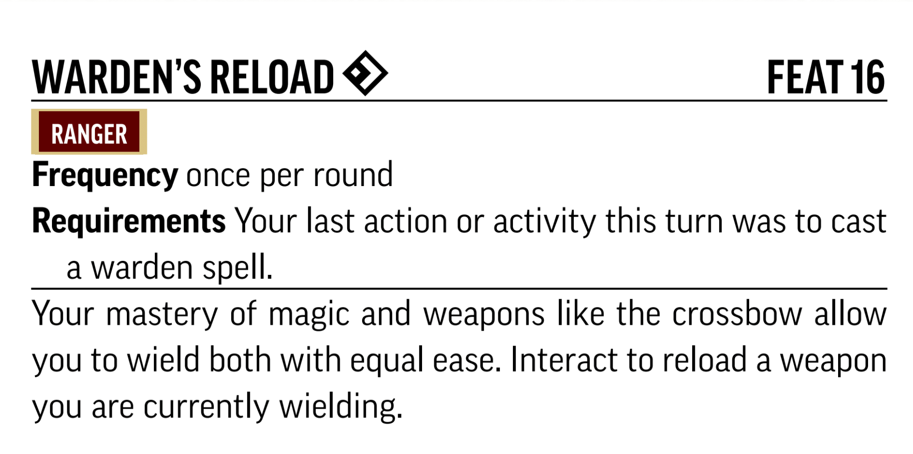 Pathfinder Second Edition Remaster Player Core Feat, Warden's Reload
