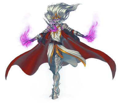 Penumbra, artist Bruno Cesar: A lich, flush with divine power, stands ready to do battle. A huge, jagged shard of supernaturally empowered metal pierces her chest.