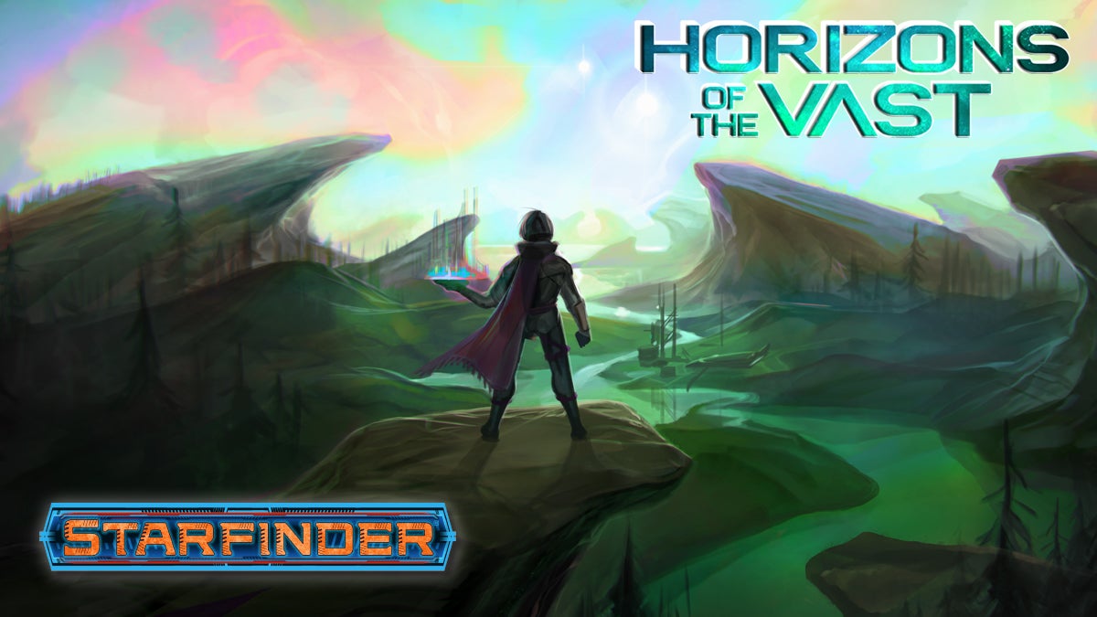 Starfinder Horizons of the Vast, iconic Navasi stand with her back towards the viewer, facing the horizon