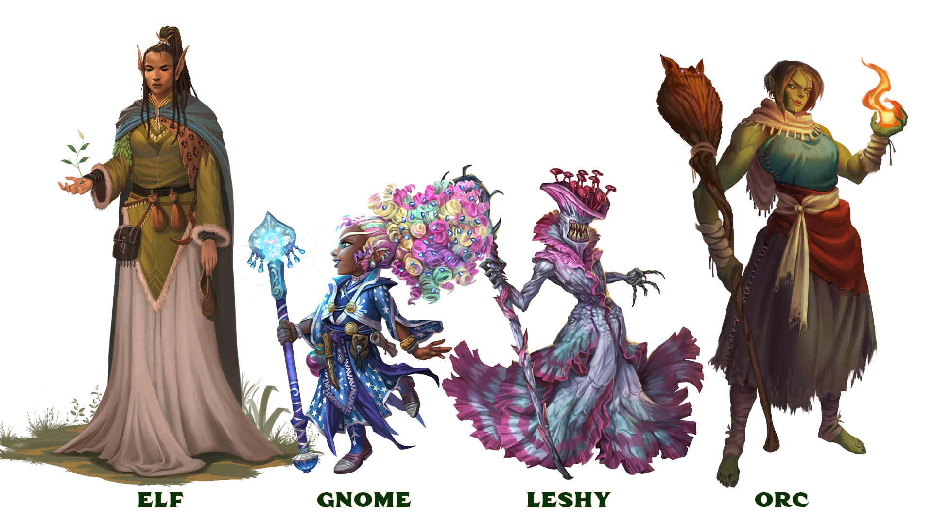 Some of the Pathfinder Second Edition Remaster Ancestries: Elf, Gnome, Leshy, and Orc