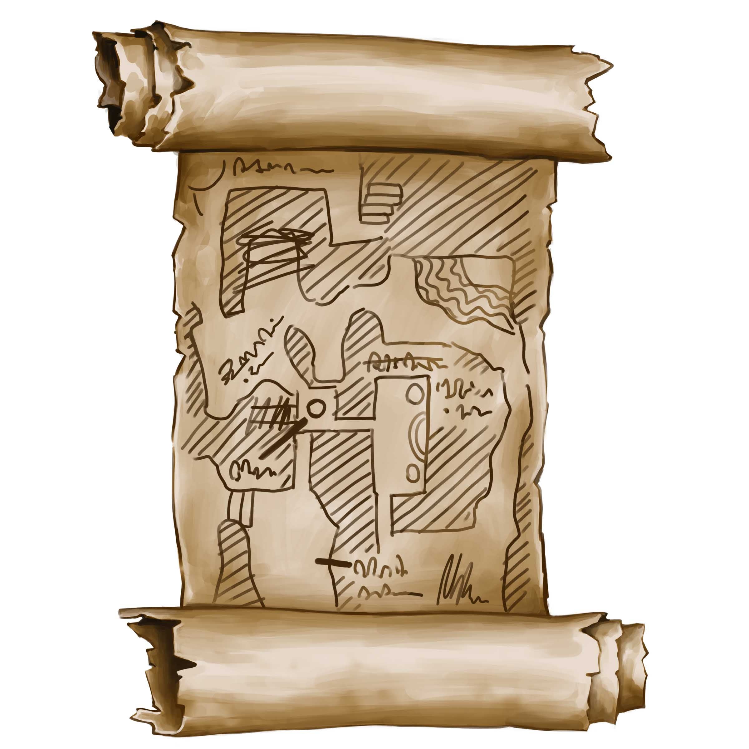 Illustration of a hand drawn dungeon map on an unrolled scroll.