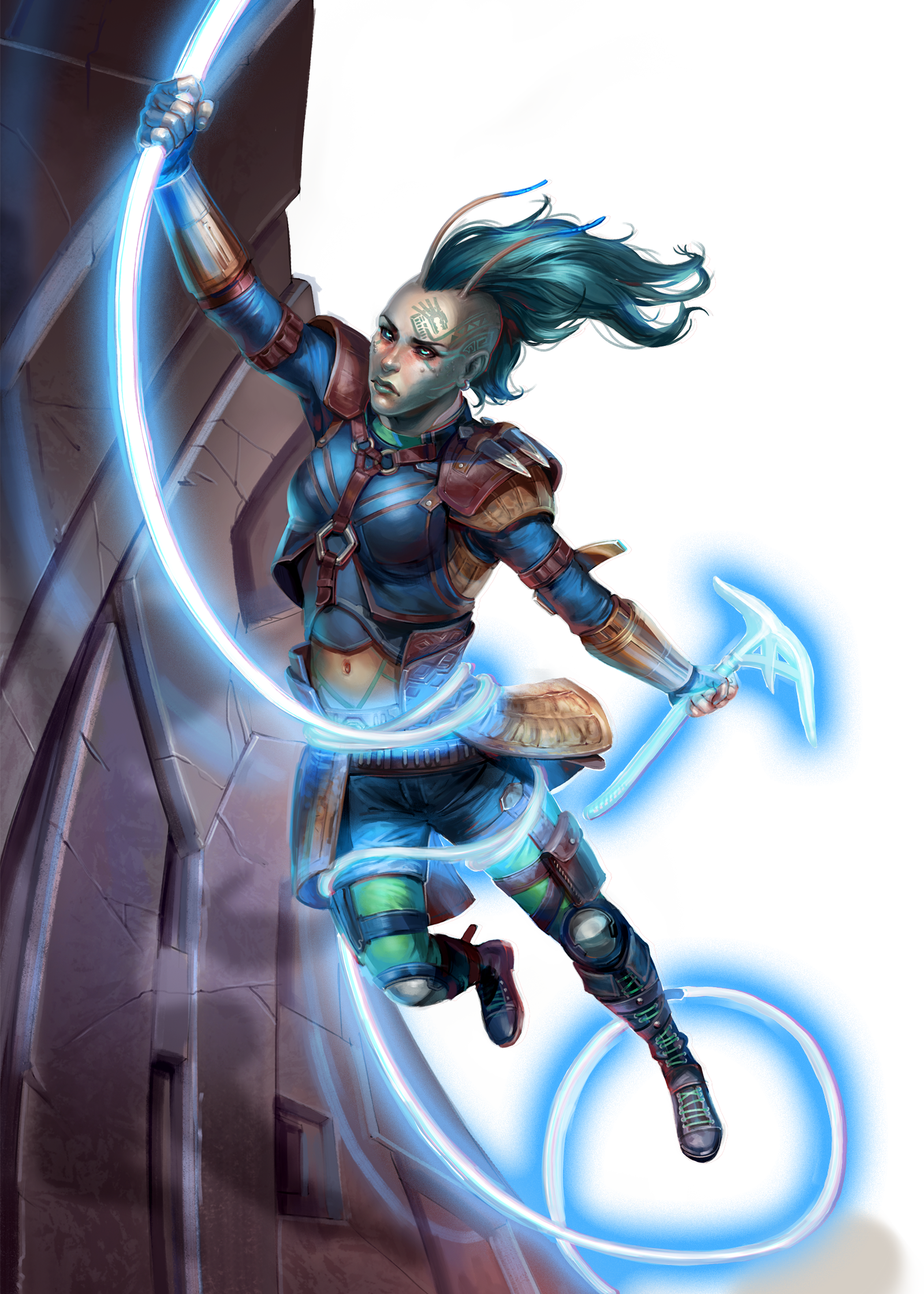 A blue haired Lashunta solarian rappelling down a wall with a glowing blue rope and axe