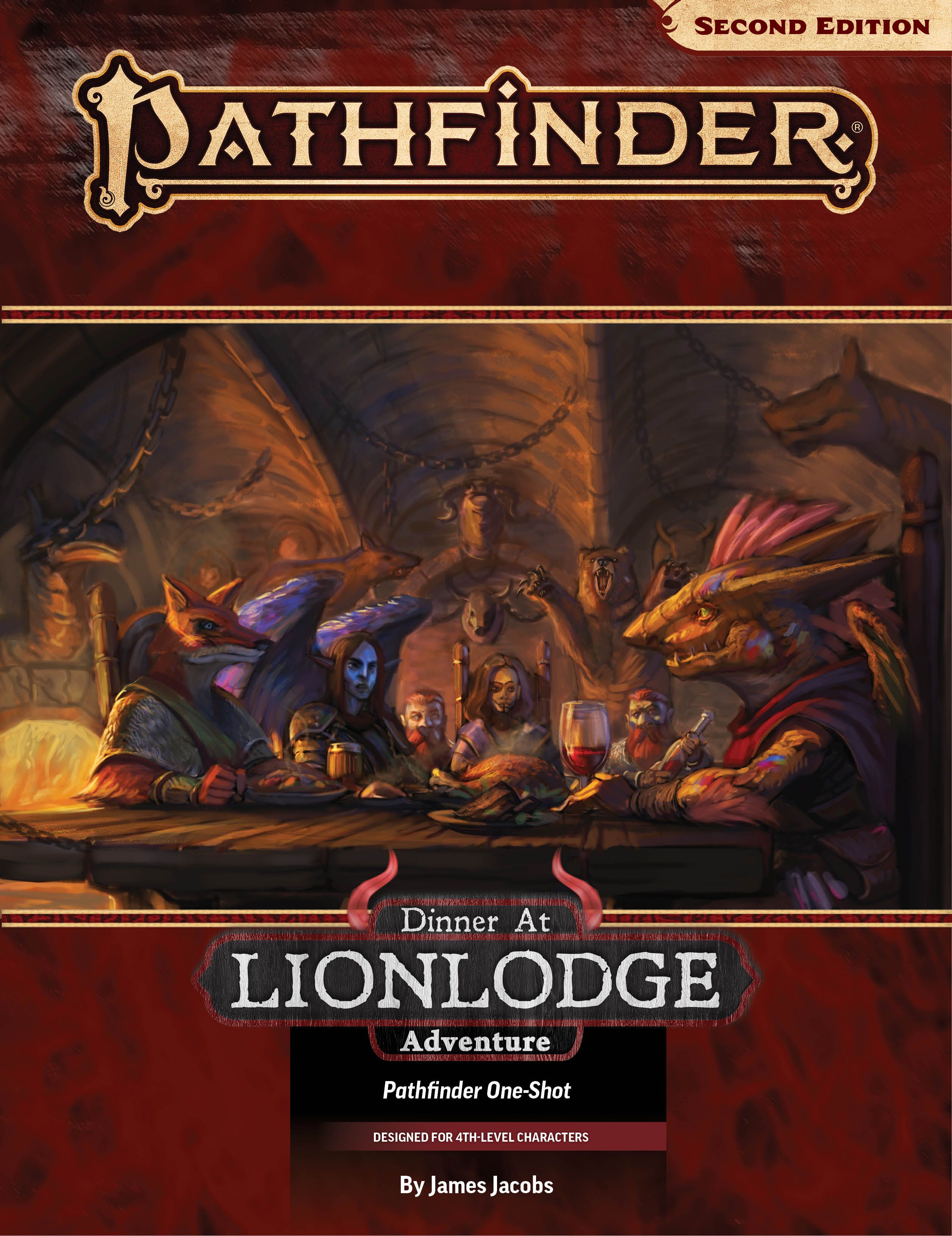 Pathfinder One-Shot: Dinner at Lionlodge featuring a warmly lit hall with a number of player characters sitting around a set table