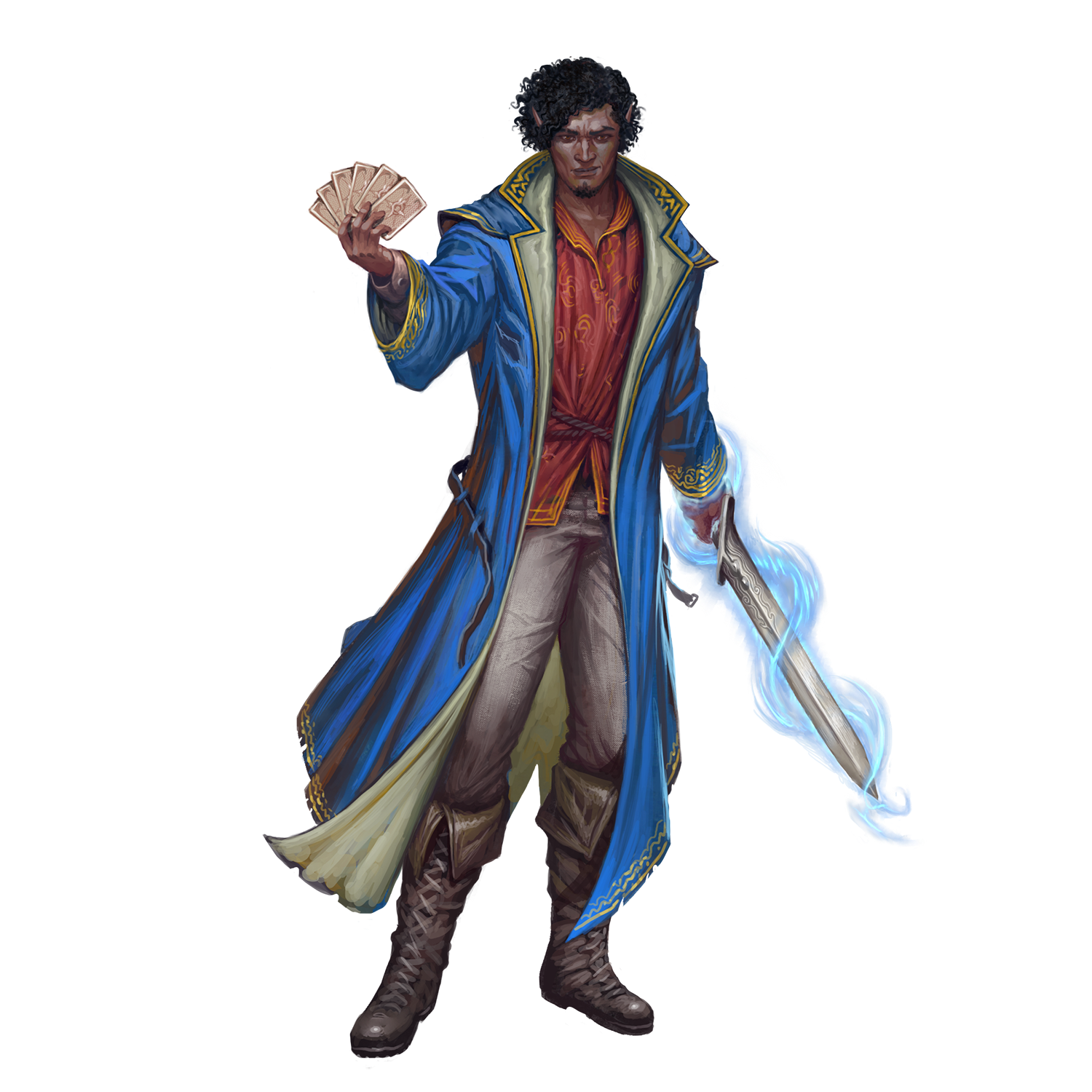 Dond Oom is a half elf of Garundi descent. He has warm brown skin, pointed ears that protrude from the loose curls of his jet black hair, and brown eyes. He’s dressed in elaborate, finely tailored clothing, including a finely made tunic under an embroidered vest as well as well-made trousers tucked neatly into mid-calve boots. Over his vest, he has a navy blue long-coat. In one hand, he has a fan of playing cards (he’s a gambler by trade), and in the other, he has a wide-bladed shortsword that has a hint of magic running up and down the blade, flowing from his hand.