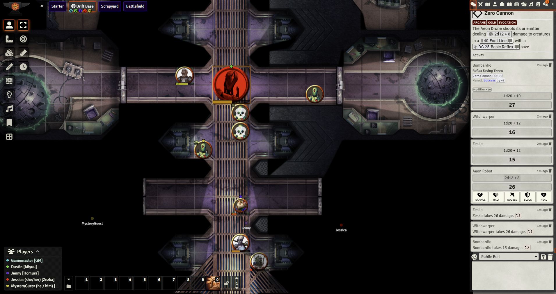 Top down view of virtual tabletop online map featuring an interior walkway with the game UI on the right side of the screen
