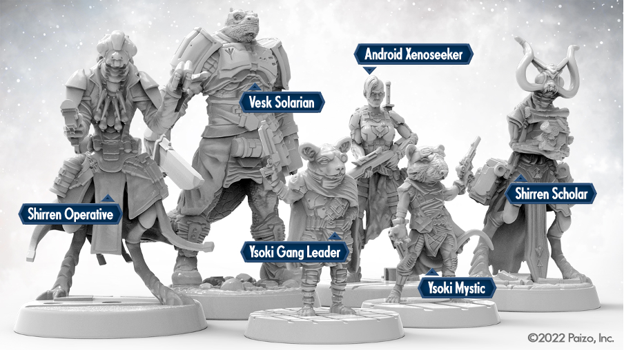Archon Starfinder Minis featuring a Shirren Operative, a Vesk Solarian, an Android Xenoseeker, a Ysoki Gang Leader, a Ysoki Mystic, and a Shirren Scholar