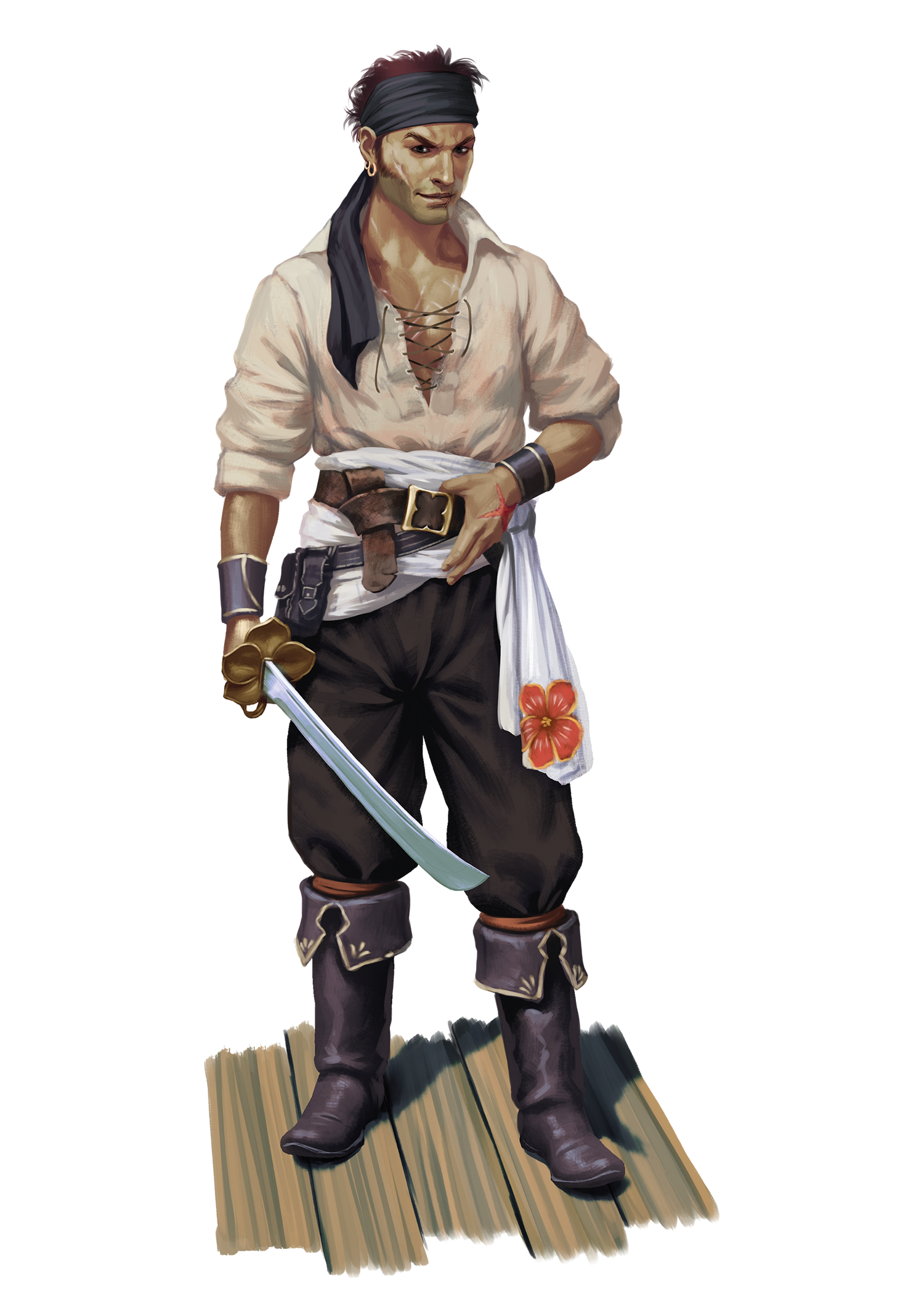 A man wearing a typical pirate or swashbuckler’s outfit. He looks battle-worn with several scars and is wielding a scimitar with a flower motif for the hilt.